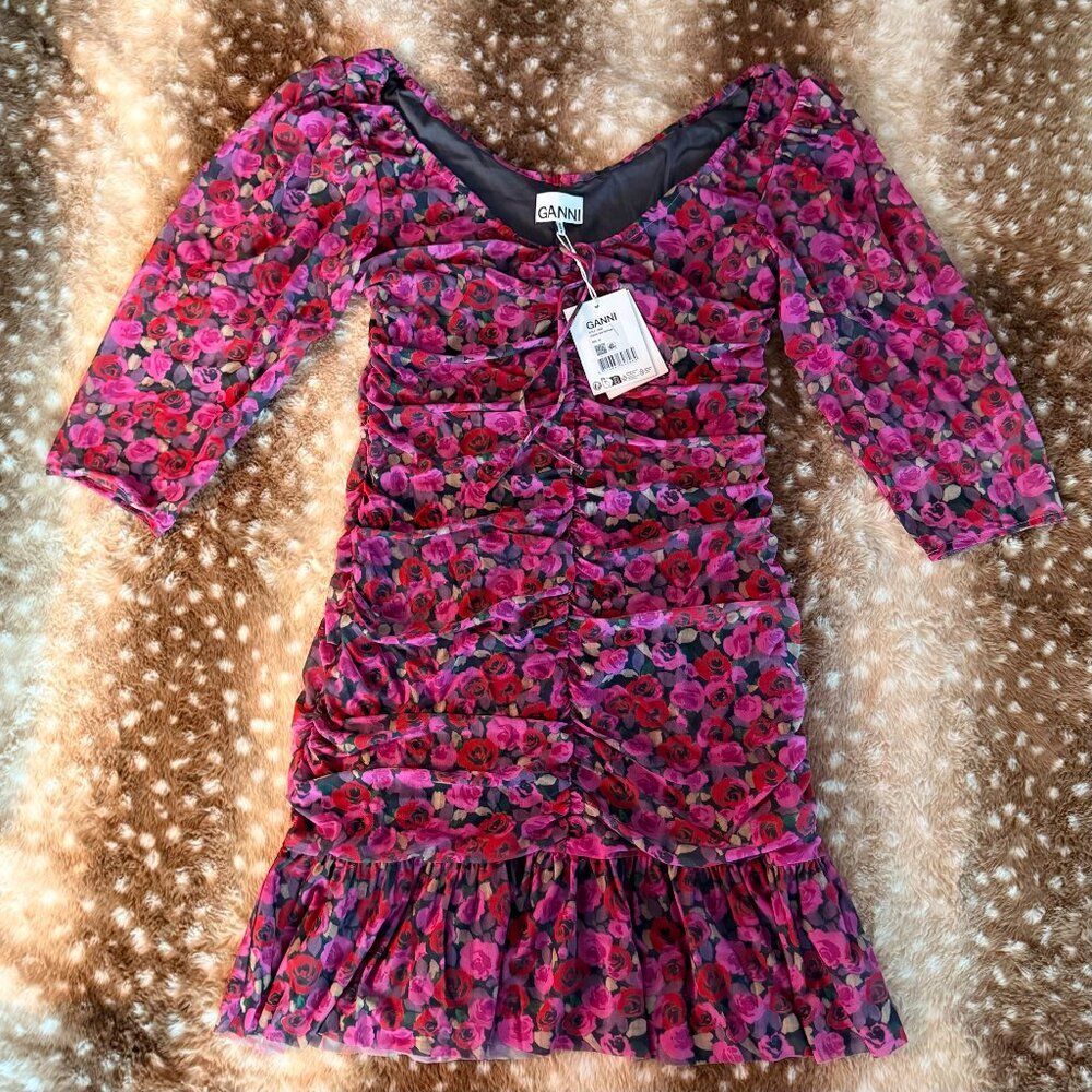 Ganni Floral Mesh Ruched Mini Dress Fiji Flower Pink Red Size EU 42 / M NWT - Picture 4 of 8